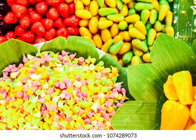 Colorful Thai Desserts Served During Songkran Festival. Kanom Chan (sticky Rice), Luke Choop (sweet Mung Beans) And Jackfruit Candy