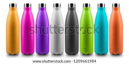 Colorful thermo bottles for water, isolated on white background.