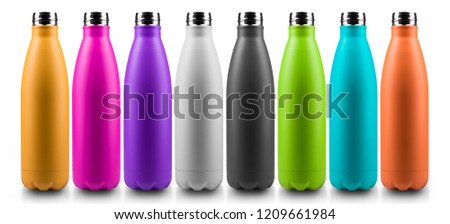 Colorful thermo bottles for water, isolated on white background.