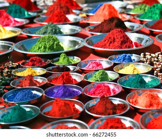 Colorful Tika Powders On Indian Market, India , Asia