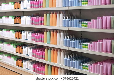 Colorful Toiletries Plastic Bottles In Retail Store Shelves