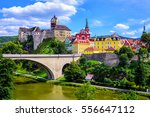 Colorful town and Castle Loket over Eger river in the near of Karlovy Vary, Czech Republic