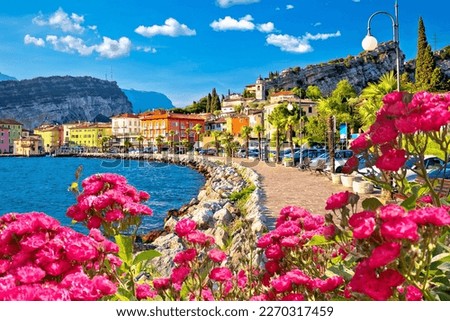 Colorful town of Torbole on Lago di Garda waterfront view, Trentino Alto Adige region of Italy Stock fotó © 