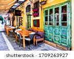 Colorful traditional Greece series - small street restaurants in old town of Rethymno, Crete island