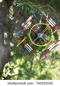 Colorful Traditional Metal Carousel/merry Go Round/roundabout On Playground Yard With Copy Space Of Shadow Of Trees On Garden As Background - Children Joyful, Childhood Holiday Concept - Top View