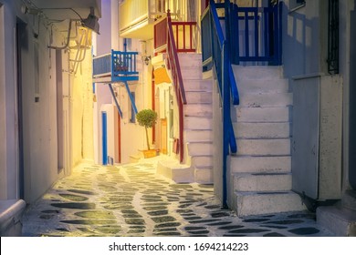 Colorful Traditional Street On Mykonos Island At Night, Cyclades, Greece, Europe