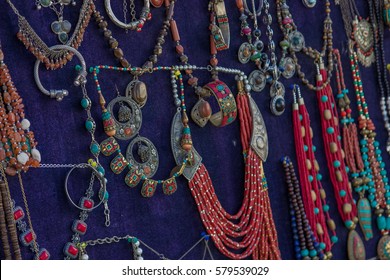 Colorful traditional uzbek ancient handcraft jewellery in the bazaar in Bukhara, Uzbekistan