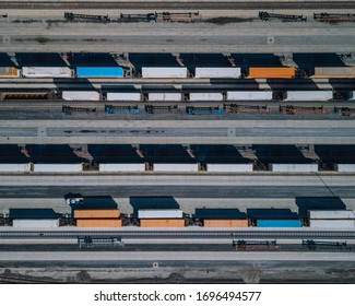 Colorful Train Yard Aerial Of Box Cars