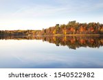 Colorful treeline on calm northern Minnesota lake  at sundown during autumn