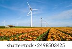 Colorful tulip fields bloom beneath towering windmills, showcasing the beauty of nature and renewable energy in the Netherlands. Windmill Park in the Netherlands providing green energy