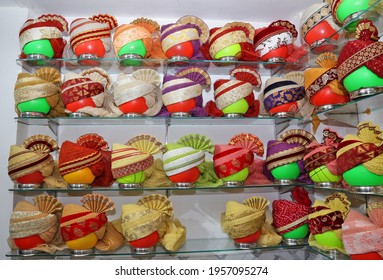 Colorful Turbans On Display For Sale During Wedding Season In Beawar, Rajasthan, India. Photo: Sumit Saraswat