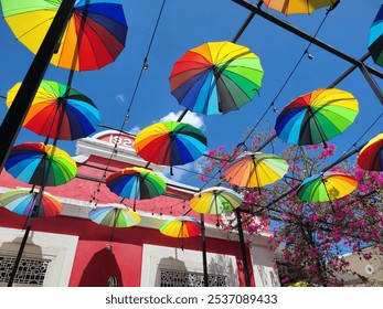 Colorful Umbrella Canopy Display in a Vibrant Street Setting - Powered by Shutterstock