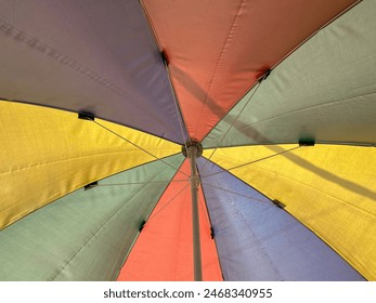 Colorful umbrella seen from below, creating a vibrant canopy against the sky. The playful hues and unique perspective evoke a sense of joy and protection from the elements - Powered by Shutterstock