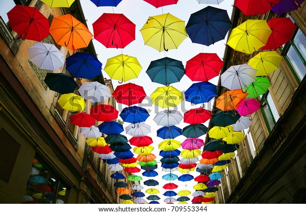 bright coloured umbrellas