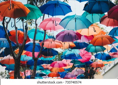 Colorful umbrellas decoration in the sky view