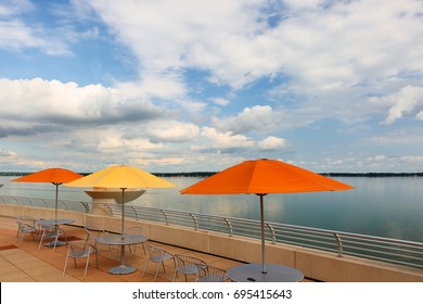 The Colorful Umbrellas At The Monona Terrace Community And Convention Center On A Sunny Afternoon. The Terrace Was Built In 1997 And Is The Place To Hold Summer Concert At Madison, Wisconsin, USA.