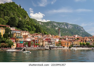 Colorful Varenna Town With Green Mountains. Picturesque Italian Comune With Lake Como During Summer Day.