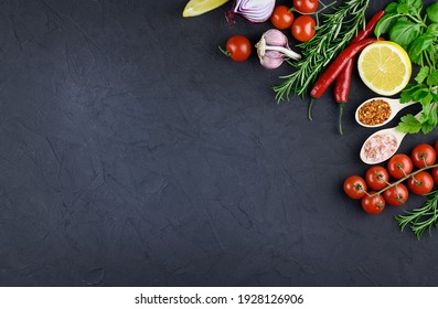 Colorful various herbs and spices for cooking on dark background, copy space, mock up, banner. High quality photo