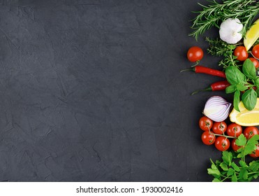Colorful various herbs and spices for cooking on dark background, copy space, mock up, banner. High quality photo