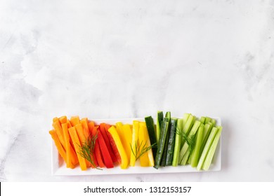 Colorful Vegetable Sticks In Long Plate. Top View.