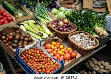Colorful  vegetables  in box on street bazaar, autumn harvest