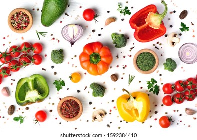 Colorful Vegetables Pattern For Cooking Design On White Background. Healthy Eating Concept. Top View.