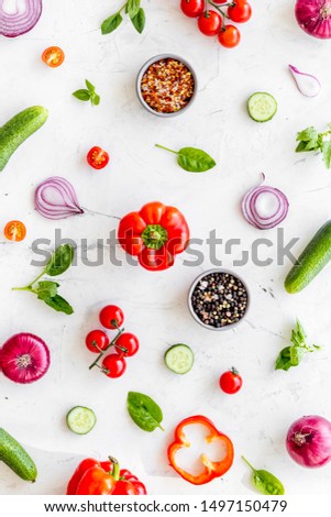 colorful vegetables pattern for cooking design on marble background top view