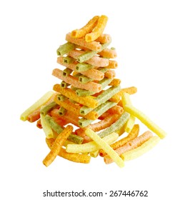 Colorful veggie straw tower isolated on white background