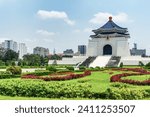 Colorful view of the National Chiang Kai-shek Memorial Hall at Liberty Square in Taipei, Taiwan. The memorial hall is a famous national monument, landmark and popular tourist attraction of Asia.