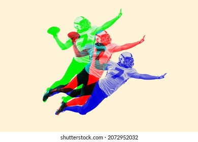 Colorful vision of sport. Male american football player in motion, flying with ball with glitch duotone effect. Sportsman in helmet and double colorful shadows. Contemporary artwork. Concept of art