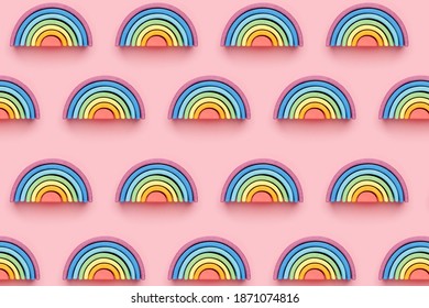 Colorful Waldorf Wooden Rainbow In A Montessori Teaching Pedagogy On Pink Background Pattern