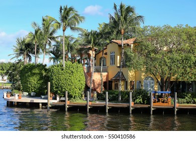 Colorful Water Front Home On The Intracoastal Waterways In Fort Lauderdale, Florida, USA.