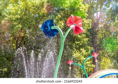 Colorful Waterpark For Kids With Funny Flower Showers And Splashing Water