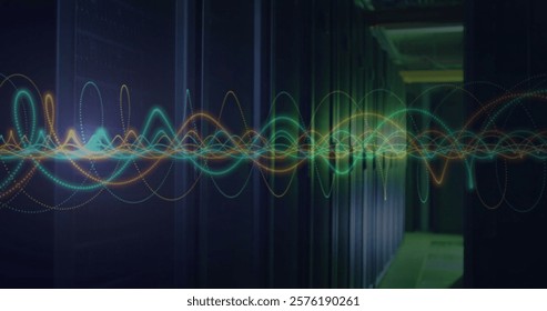 Colorful waveforms image over server racks in data center. Technology, network, digital, infrastructure, information, security