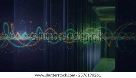 Colorful waveforms image over server racks in data center. Technology, network, digital, infrastructure, information, security