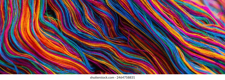 Colorful waves of vibrant, mixed rainbow colours of cotton thread, ready to be woven into traditional Guatemalan textiles. Abstract, fashion and travel, background texture banner. 