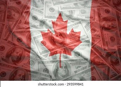 colorful waving canadian flag on a american dollar money background