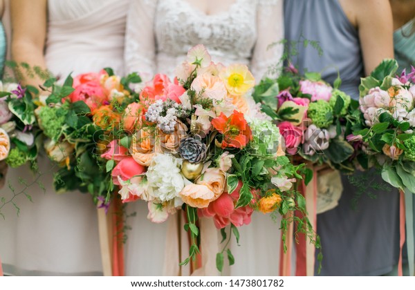 Colorful Wedding Bouquets Bride Bridesmaids Holding Stock Photo