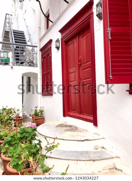 Colorful White House Facade Red Doors Stock Photo Edit Now