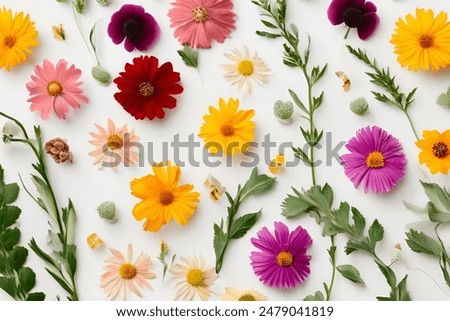 Colorful wildflowers isolated on white background, featuring a vibrant meadow blossom set. Ideal for nature-themed design, prints, and botanical visuals.