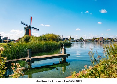 Colorful windmills in Zaanse Schans Netherlands