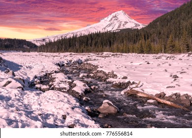 Colorful Winter Sunset Sky over Mt Hood Oregon and Running Stream