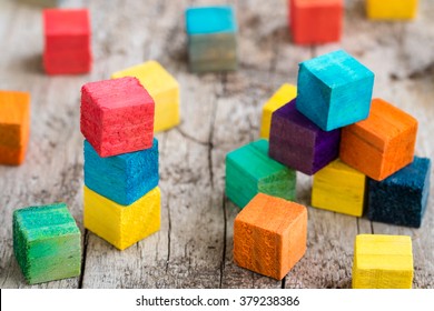 Colorful Wooden Building Blocks. Selective Focus