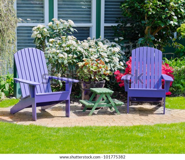 Colorful Wooden Lawn Chairs Front Back Stock Photo Edit Now