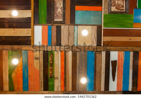 Colorful Wooden Panels Ceiling Straight View Stock Photo Edit Now