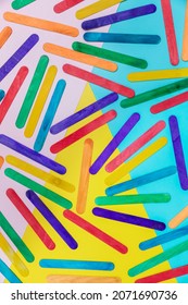 Colorful Wooden Sticks On Color Background. Colorful Ice Cream Stick , Ice Cream Stick Art. Wooden Popsicle Sticks.