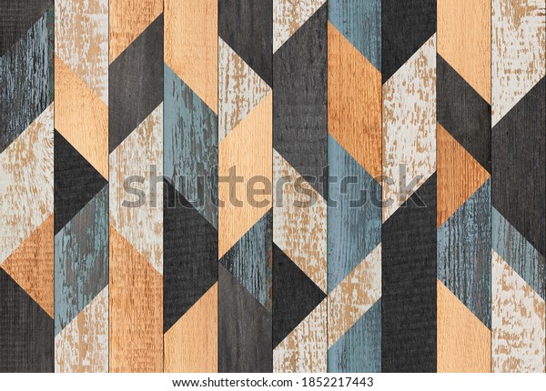 Colorful wooden wallpaper mural with geometric patterns. Wood texture background. Tempered wooden plates.