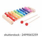 Colorful Wooden Xylophone shows a vibrant, multi-colored toy xylophone with eight bars arranged in a scale and two wooden mallets for playing.