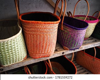 Colorful Woven Handmade Classical Traditional African Caribbean Baskets For Sale In A Market  