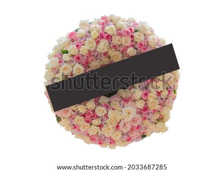 Colorful wreath flowers and blank sign isolated on white background with clipping path.